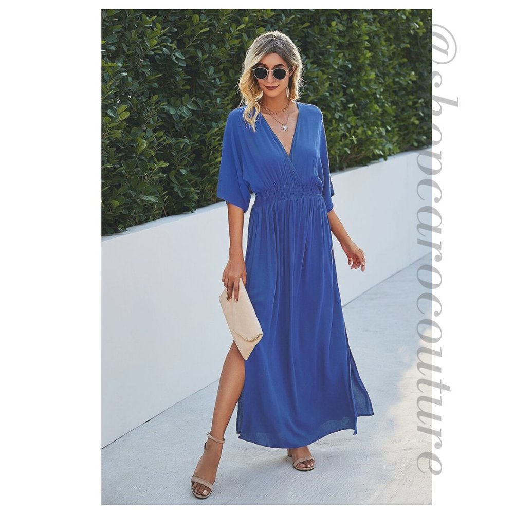 Relaxed Deep V Maxi Dress, NWT - BLUE